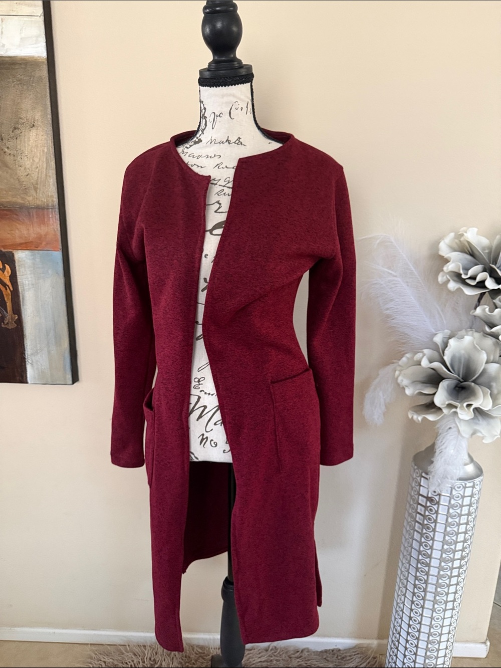 Women's Long Open Front Coatigan - Burgundy